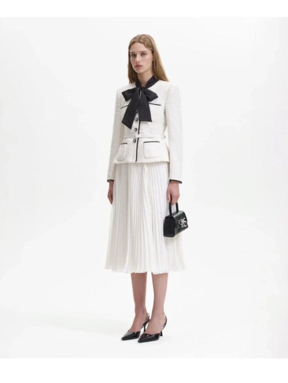 Self-Portrait Cream Pleated Maxi Dress with Black Bow Detail